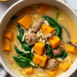 Creamy Butternut Squash and Sausage Soup with Orzo and Spinach