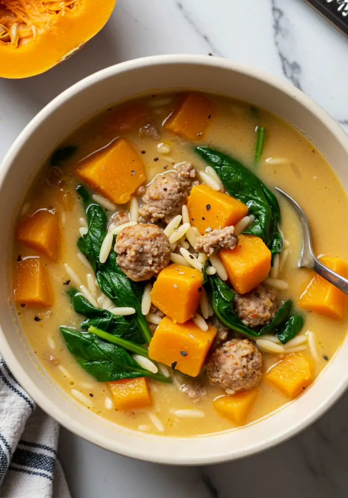 Creamy Butternut Squash and Sausage Soup with Orzo and Spinach