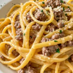 Creamy Garlic Parmesan Fettuccine with Beef Sausages