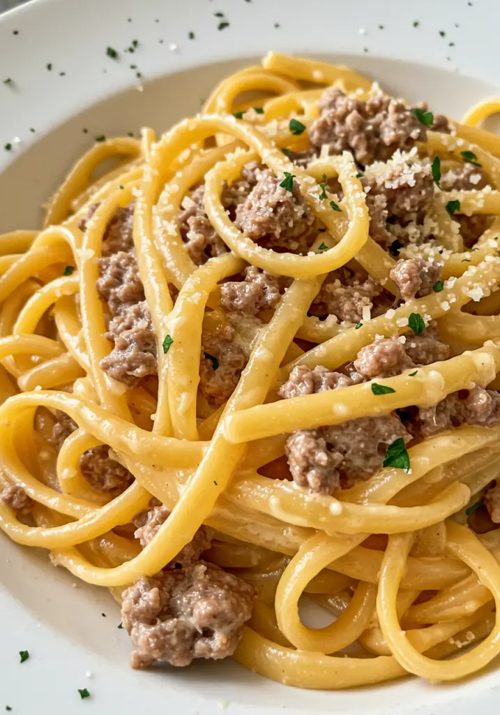 Creamy Garlic Parmesan Fettuccine with Beef Sausages