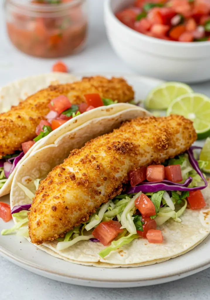 Fried Fish Tacos with Red Onion-Tomato Salsa