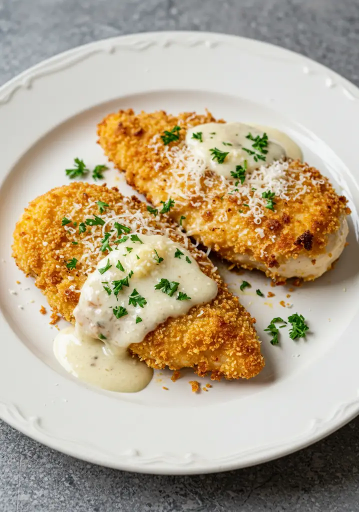 Crispy Parmesan Chicken with a Rich Garlic Sauce