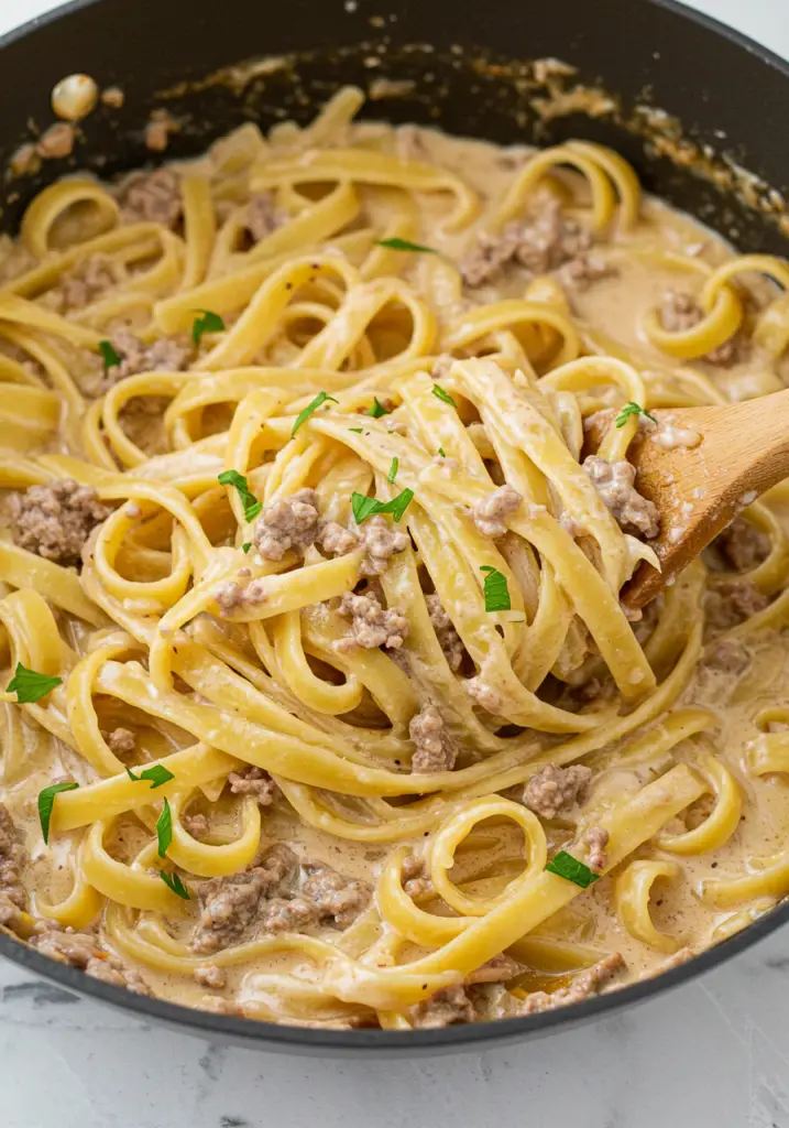 One-Pot Creamy Beef and Garlic Butter Pasta