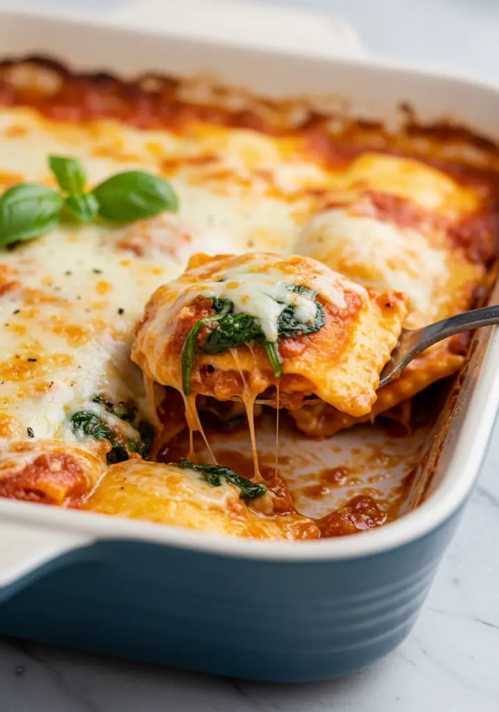 Easy Tomato Spinach Ravioli Bake
