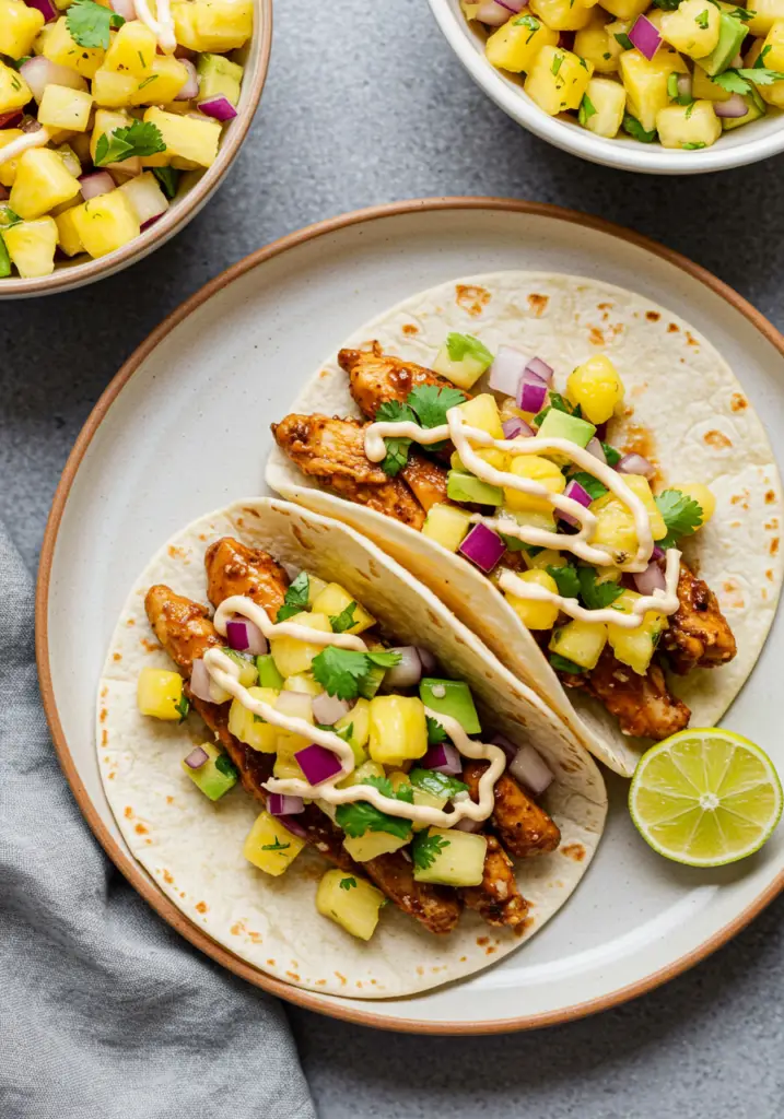 Teriyaki Chicken Tacos with Grilled Pineapple Pear Salsa