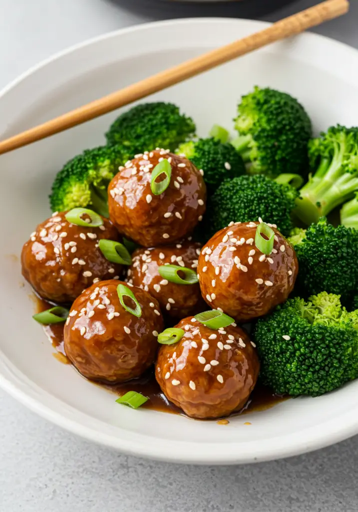 Sticky Mongolian Meatballs and Broccoli