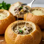 Philly Cheesesteak Soup in Bread Bowls