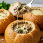 Philly Cheesesteak Soup in Bread Bowls