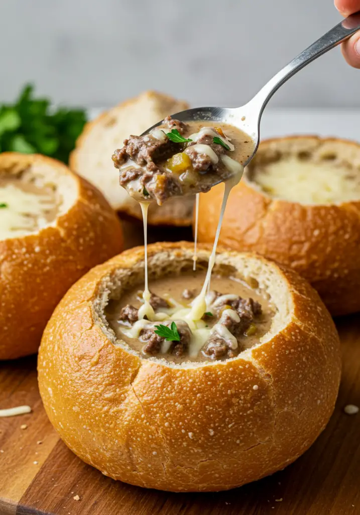 Philly Cheesesteak Soup in Bread Bowls