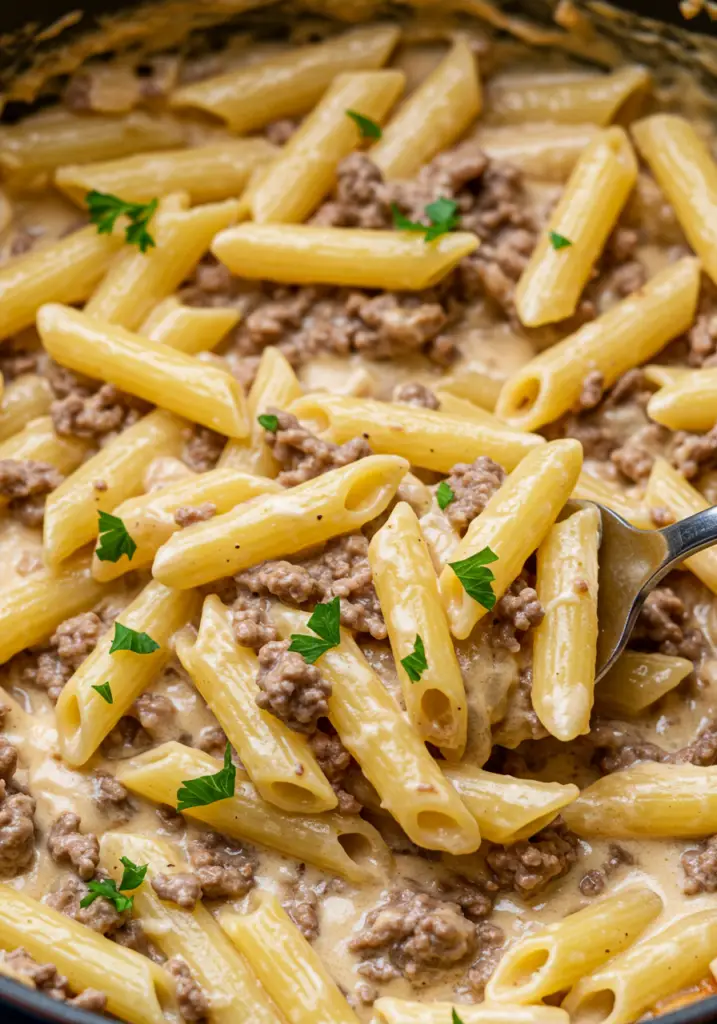 Creamy Ground Beef Alfredo Pasta