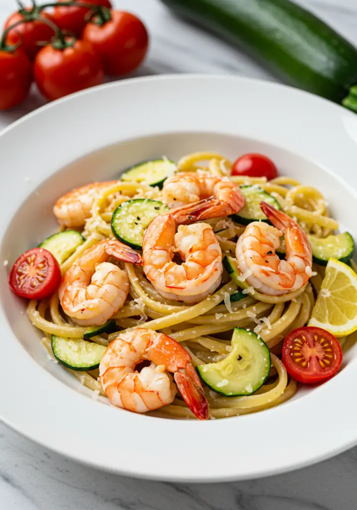 Fresh Tomato Zucchini Shrimp Pasta